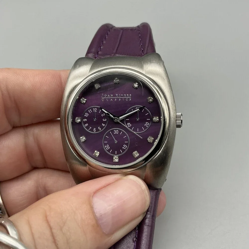 Joan Rivers Classics Women Watch 38mm Silver Tone Purple Leather New Battery